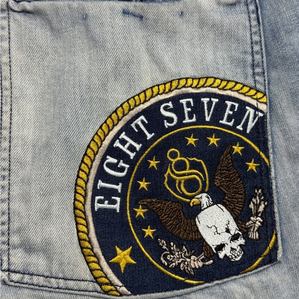 8732 EMBROIDERED Y2K 90s JEAN SHORTS Young Jeezy HIP HOP SKULL BAGGY 42 x 15.5 - Picture 3 of 11